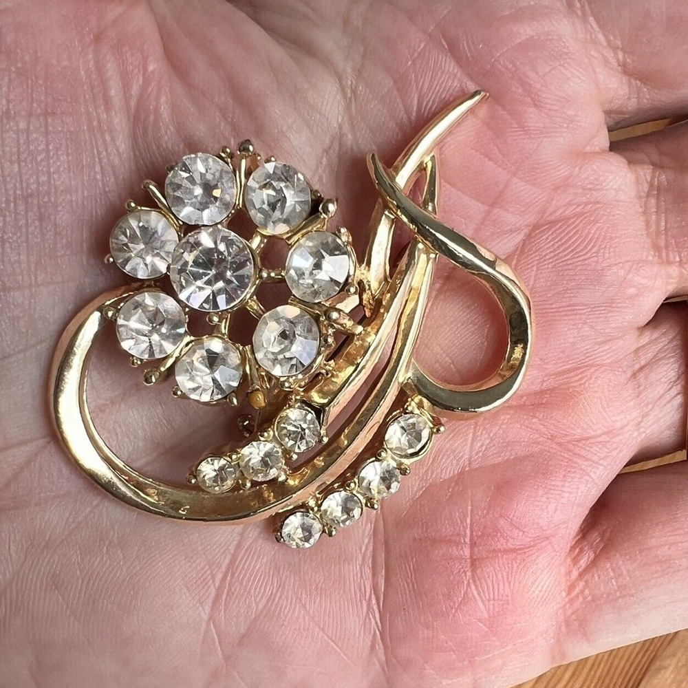 Vintage Coro Flower Brooch Gold Tone Clear Rhinestones Classic Signed Floral Pin